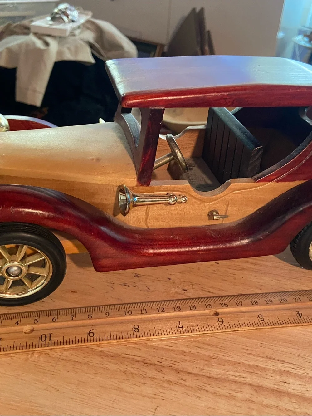 Handcrafted Wooden Vintage Car Decor in Burgundy and Natural Wood